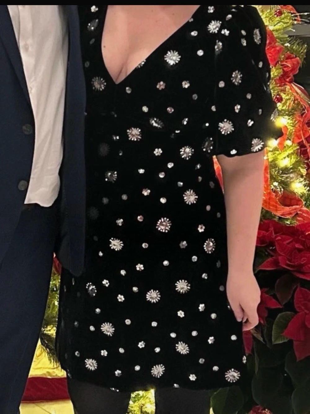 Eliza J Black Velvet V-Neck Embellished Mini Dress